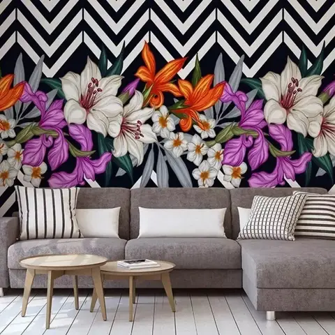 Colorful Flowers with Black White Stripe Patterned Wallpaper Mural