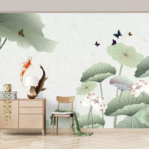 Watercolor Lotus Flower and Butterflies Wallpaper Mural