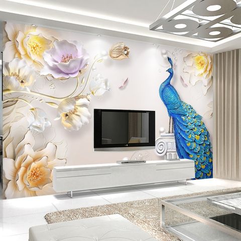 3D Embossed Look Tulip Floral with Peacock Wallpaper Mural