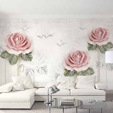 Soft Pink Flower and Charcoal Drawing Roses Wallpaper Mural