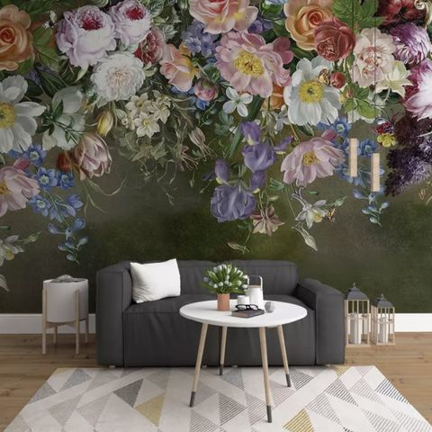 Vintage Colorful Vine Flowers Wallpaper Mural