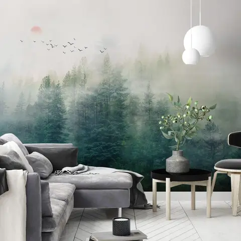 Misty Forest and Sunrise Wallpaper Mural
