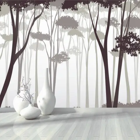Monochrome Brown Forest and Tree Silhouette Wallpaper Mural