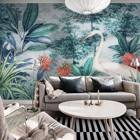 Watercolor Painting Forest and Storks Wallpaper Mural