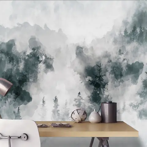 Watercolor Style Abstract Misty Dark Forest Wallpaper Mural