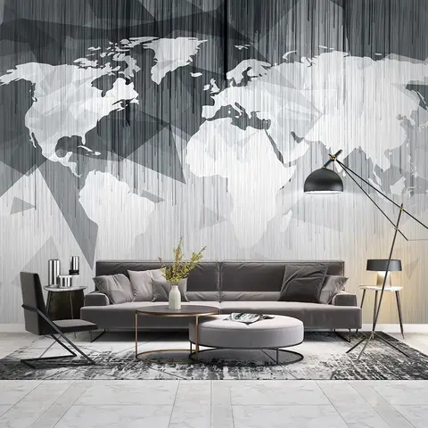 Monochrome Polygonal World Map with Abstract Lines Wallpaper Mural