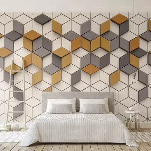 Yellow Gray Geometric Honeycomb Pattern Wallpaper Mural