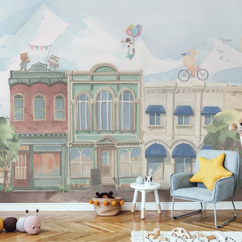 Kids Village Drawing with Cartoon Animals Wallpaper Mural