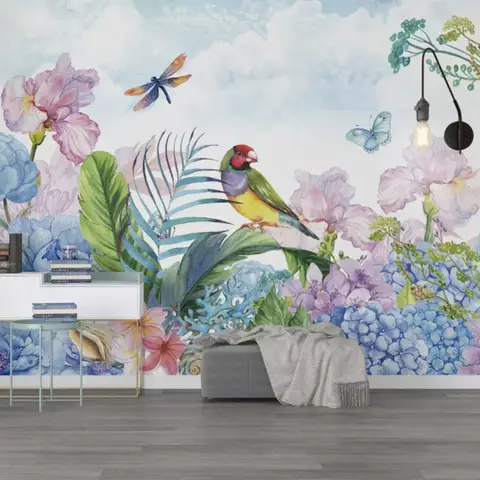 Hydrangea and Peony with Parrot Wallpaper Mural
