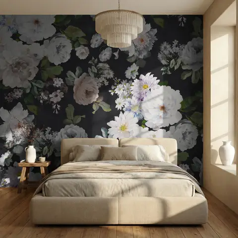 Dunkle Blumen und Weiße Pfingstrosen Fototapete