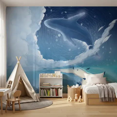 Cartoon Whale with Nightscape Wallpaper Mural