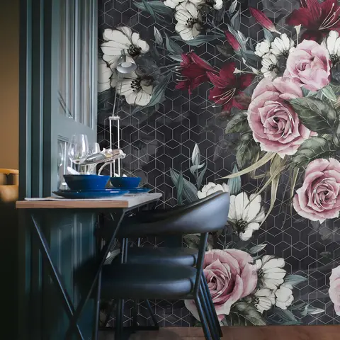 Colorful Floral with Dark Geometric Pattern Wallpaper Mural