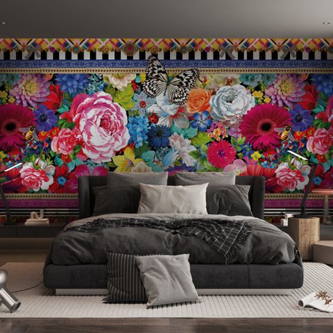 Bohemian Floral Wallpaper with Peony Dianthus Violet Wallpaper Mural