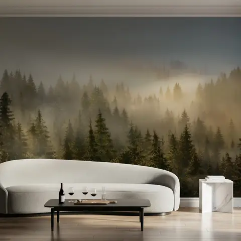 Nebliger Kiefernwald Landschafts-Fototapete