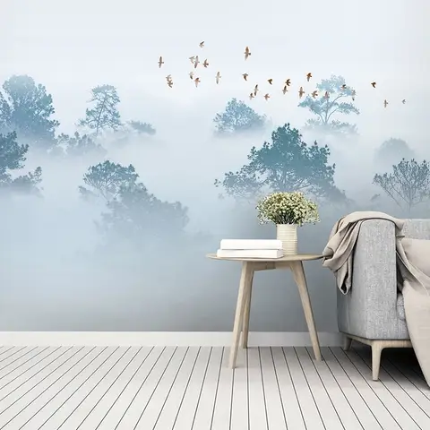Misty Forest with Birds Wallpaper Mural