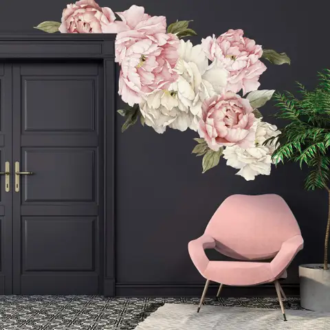 Nursery Pink White Peony Floral Bouquets Wall Decal Sticker