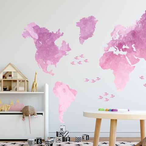 Kids Pink World Maps with Little Fishes Wall Decal Sticker