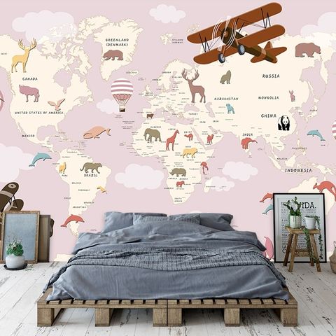 For Kids Pink World Map with Vintage Aircraft and Hot Air Balloon Wallpaper Mural