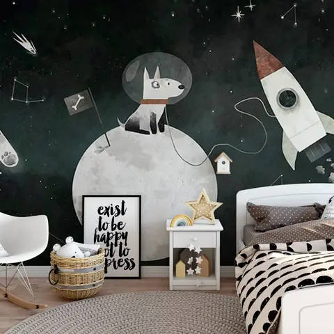 Kids Space Dog with Moon and Rockets Wallpaper Mural