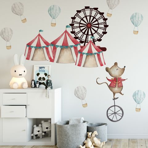 Kids Watercolor Circus Amusement Park with Little Hot Air Balloon Wall Decal Sticker