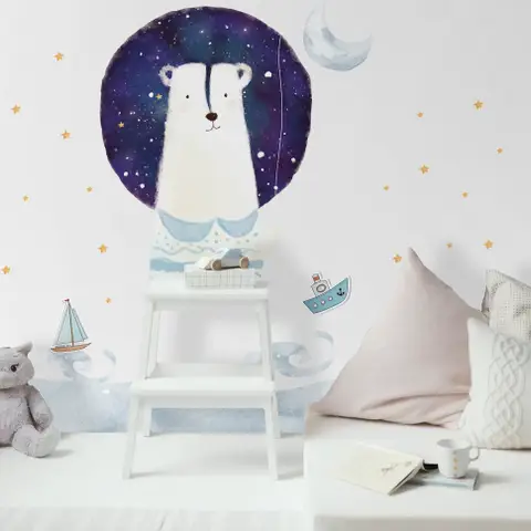 Kids Cute White Bear with Watercolor Moon and Yellow Stars Wall Decal Sticker