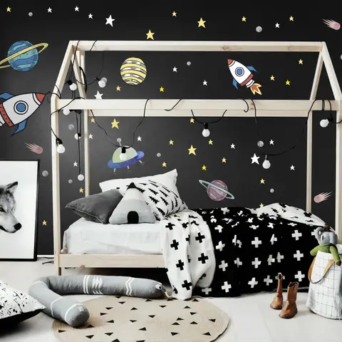 Colorful Space with Little Falling Stars and Planets Wall Decal Sticker