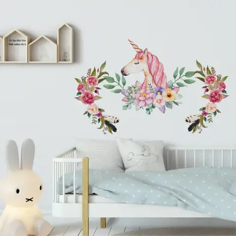 Kids Pink Unicorn with Colorful Florals Wall Decal Sticker