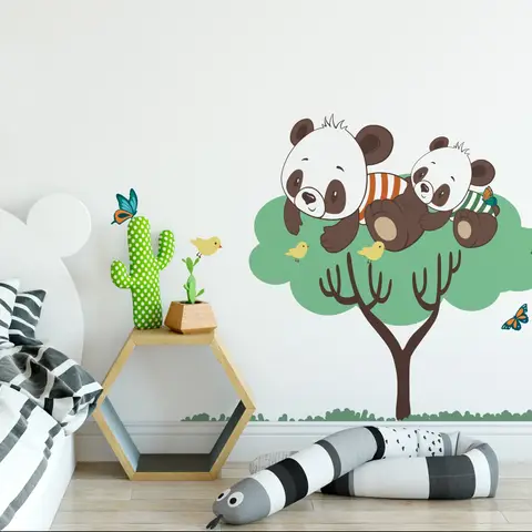 Panda and Her Cubs on the Tree with Butterfly and Birds Wall Decal Sticker