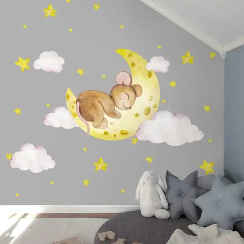 Kids Cute Mouse on the Crescent Moon and Watercolor Yellow Stars Wall Decal Sticker