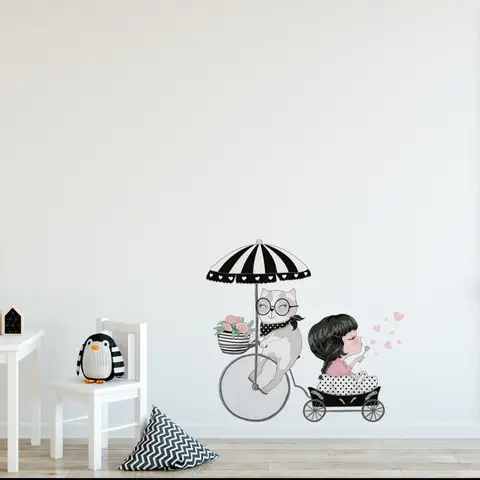 Cute Cat and Beautiful Girl Riding the Bike Wall Decal Sticker