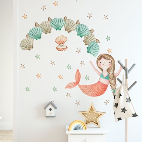 Kids Mermaid Girls with Pearl Oyster Wall Decal Sticker