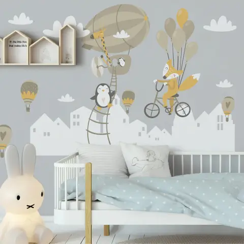 Nursery Hot Air Balloon and White Home Silhouette Wall Decal Sticker