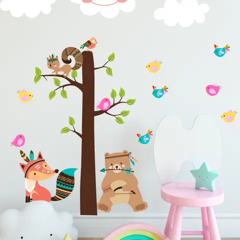 Kids Cute Fox and Bear and Cartoon Tree with Little Birds Wall Decal Sticker