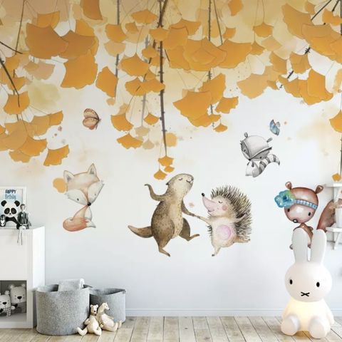Autumn Leaves with Cartoon Animals Wallpaper Mural