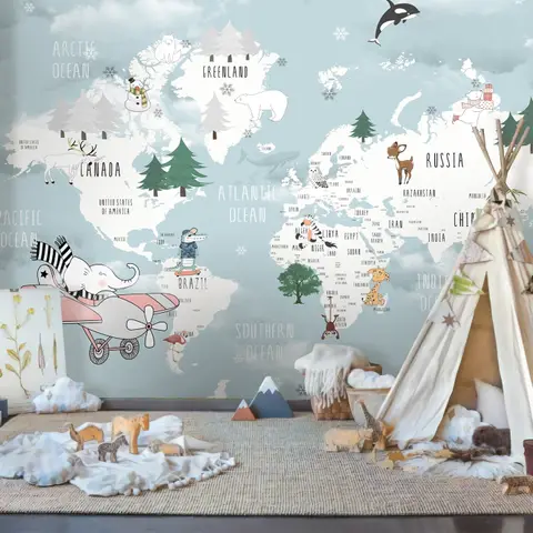 Kids Blue World Map with Cute Animals with Flying Elephant Wallpaper Mural