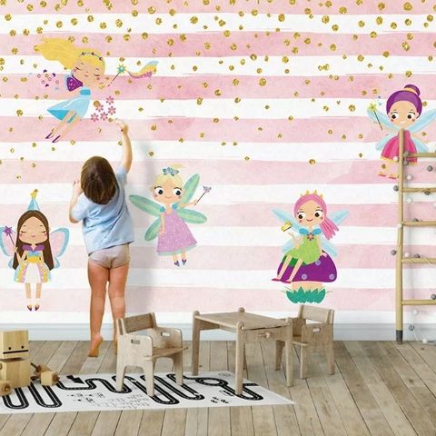 Kids Cartoon Fairy with Stripe Pattern Wallpaper Mural