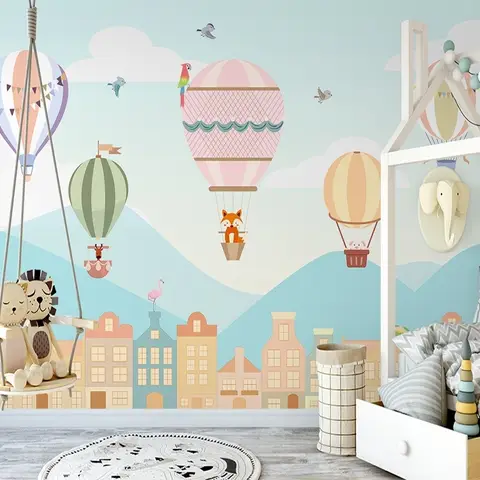 Kids Hot Air Balloon and Little House Wallpaper Mural
