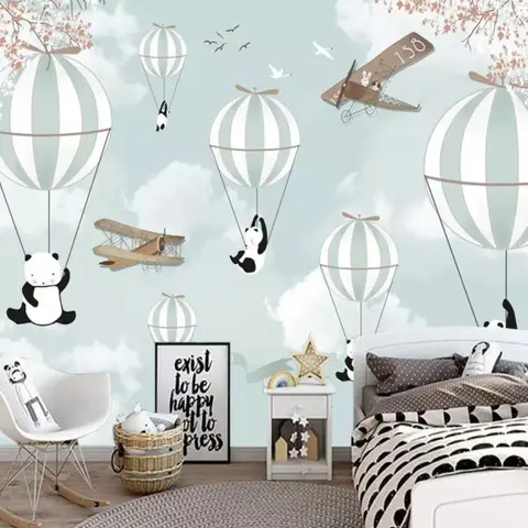 Cartoon Pandas with Hot Air Balloons Wallpaper Mural