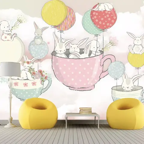 Rabbit Flying in the Cups with Baloon Wallpaper Mural