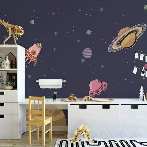 Watercolor Cartoon Space with Planets Wallpaper Mural