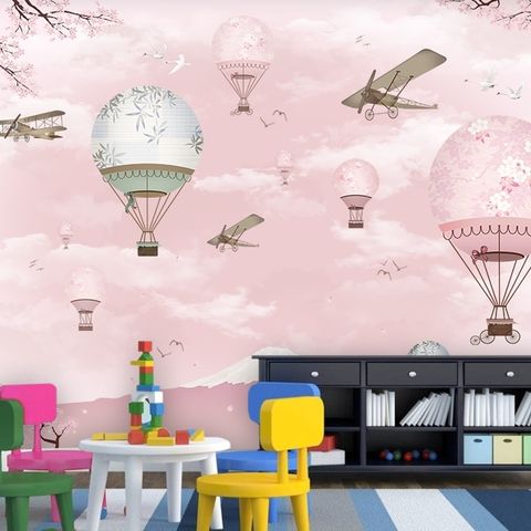 Cherry Blossom with Pink Hot Air Balloon Wallpaper Mural