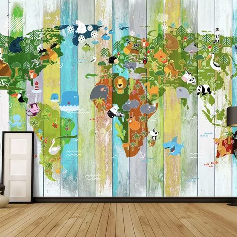 Kids World Map on the Colorful Wood Wallpaper Mural