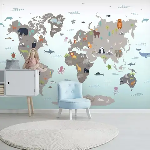 Gray Kids World Map Wallpaper Mural