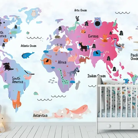 Colorful World Map with Cartoon Animals Wallpaper Mural