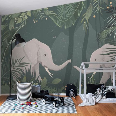Cute Elephants on The Tropical Jungle Kids Wallpaper Mural
