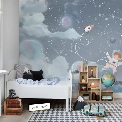 Soft Shining Planets and Astronaut for Boys Space Wallpaper Mural