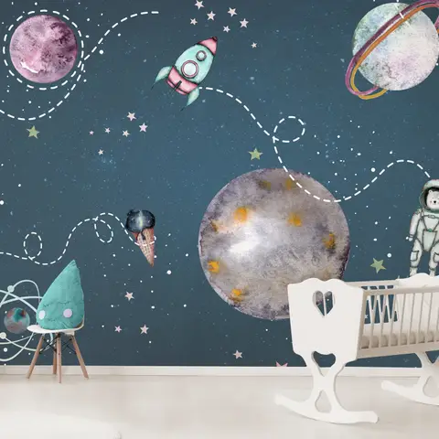 Kids Shining Space with Watercolor Bear Astronaut Wallpaper Mural