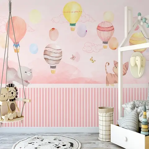 Watercolor Pink Sky with Cute Cat and Hot Air Balloon Wallpaper Mural