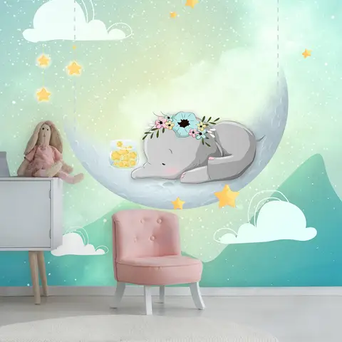 Watercolor Cute Elephant with Moon Wallpaper Mural