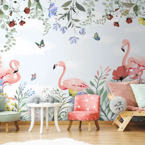 Flamingo with Colorful Floral Wallpaper Mural